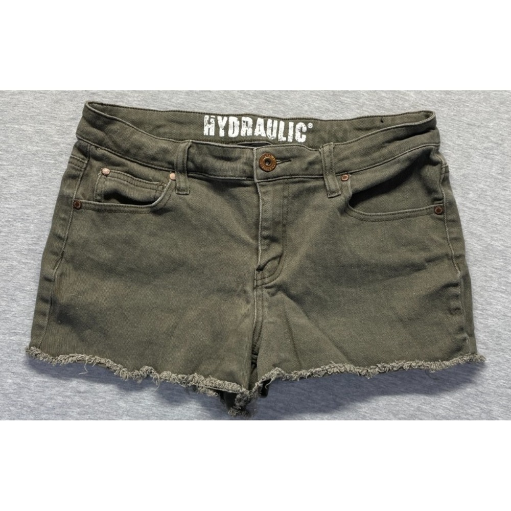 Hydraulic Lola Mid Rise Curvy Shorts Womens 13 Olive Green Stretch Frayed Hem